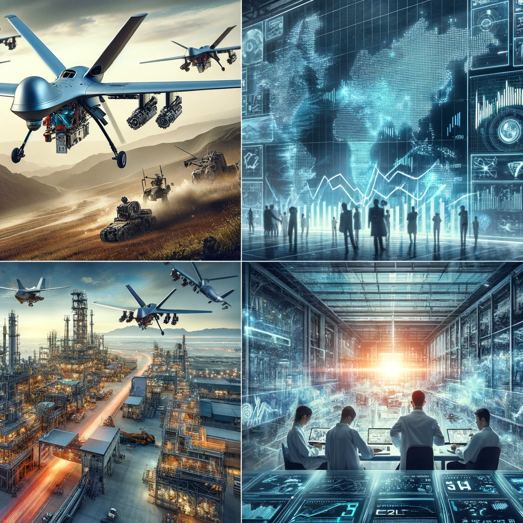 DALL·E 2024-01-09 23.45.34 - A series of five related images, each showcasing a different aspect of the top military-industrial stocks for 2024. Image 1_ A futuristic military dro